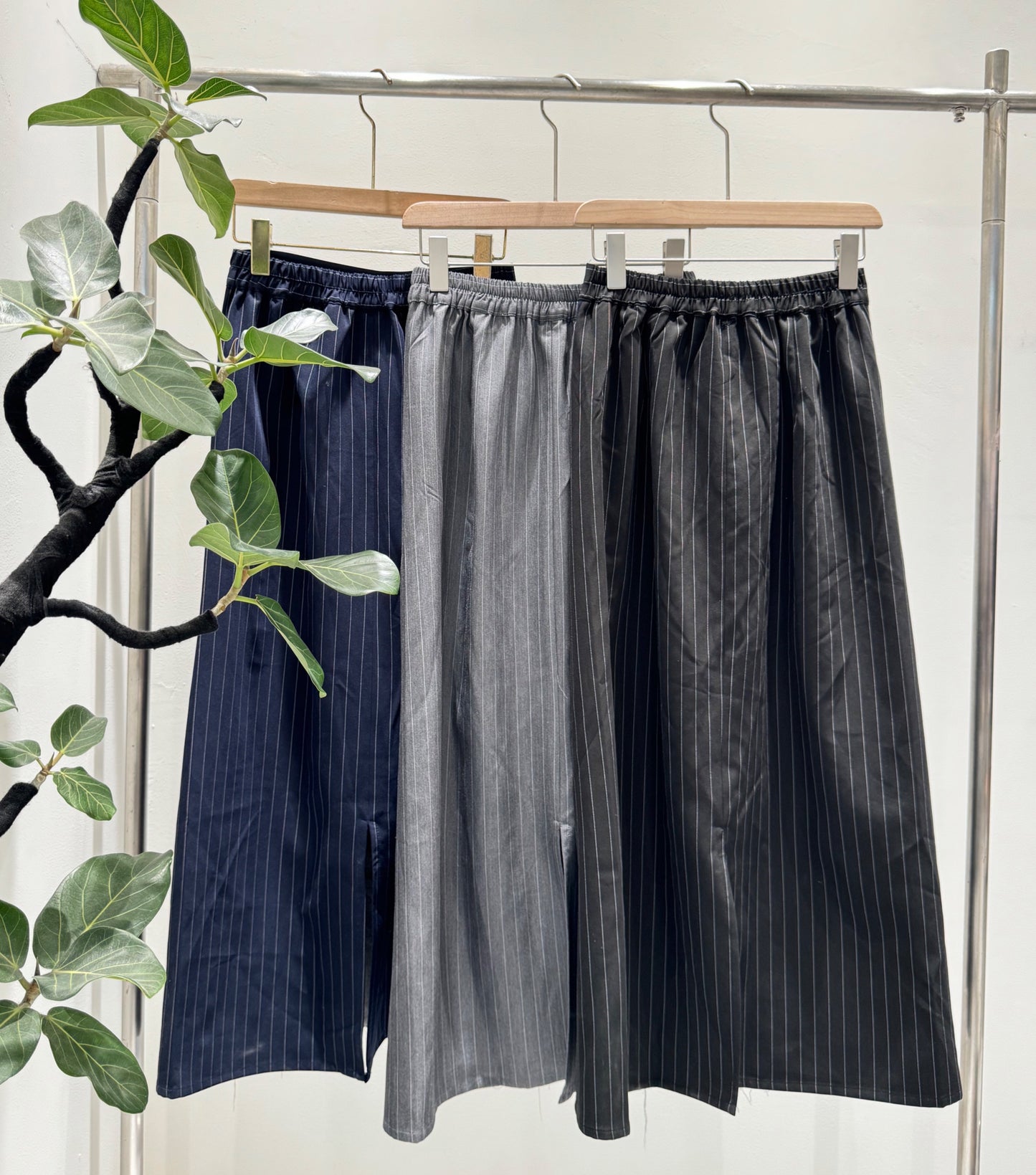 ピンストライプ切り替え 再構築デザイン デニムロングスカート