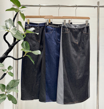 ピンストライプ切り替え 再構築デザイン デニムロングスカート