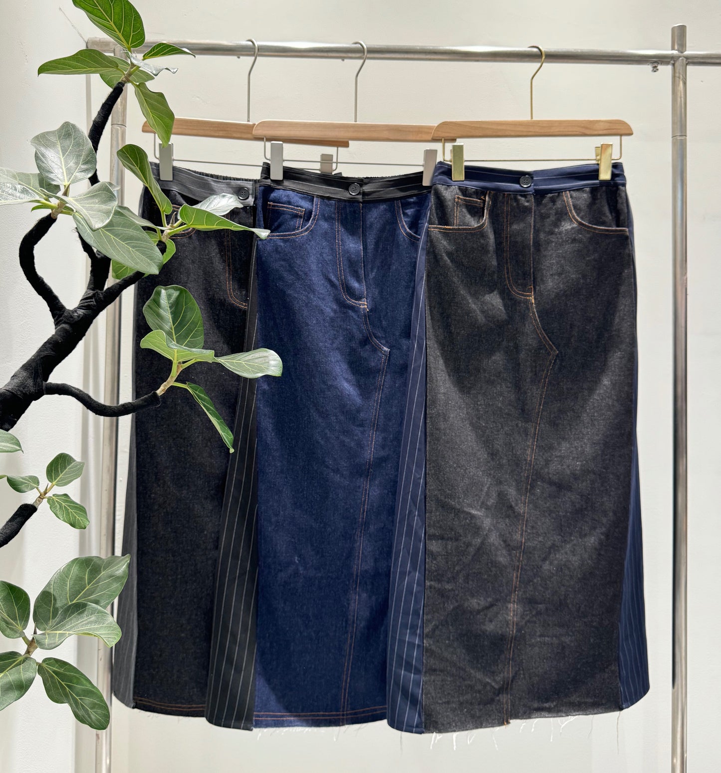 ピンストライプ切り替え 再構築デザイン デニムロングスカート