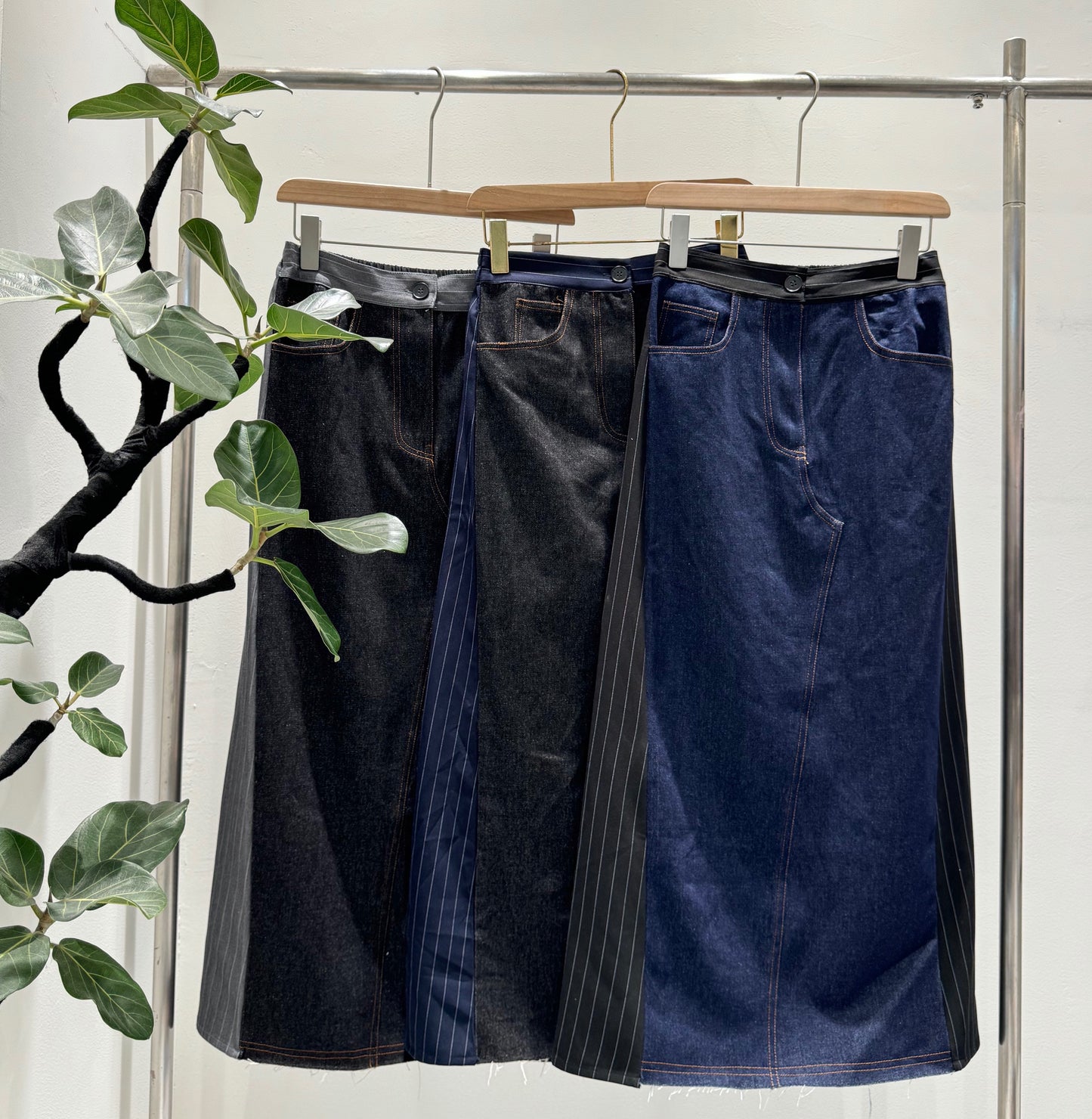 ピンストライプ切り替え 再構築デザイン デニムロングスカート