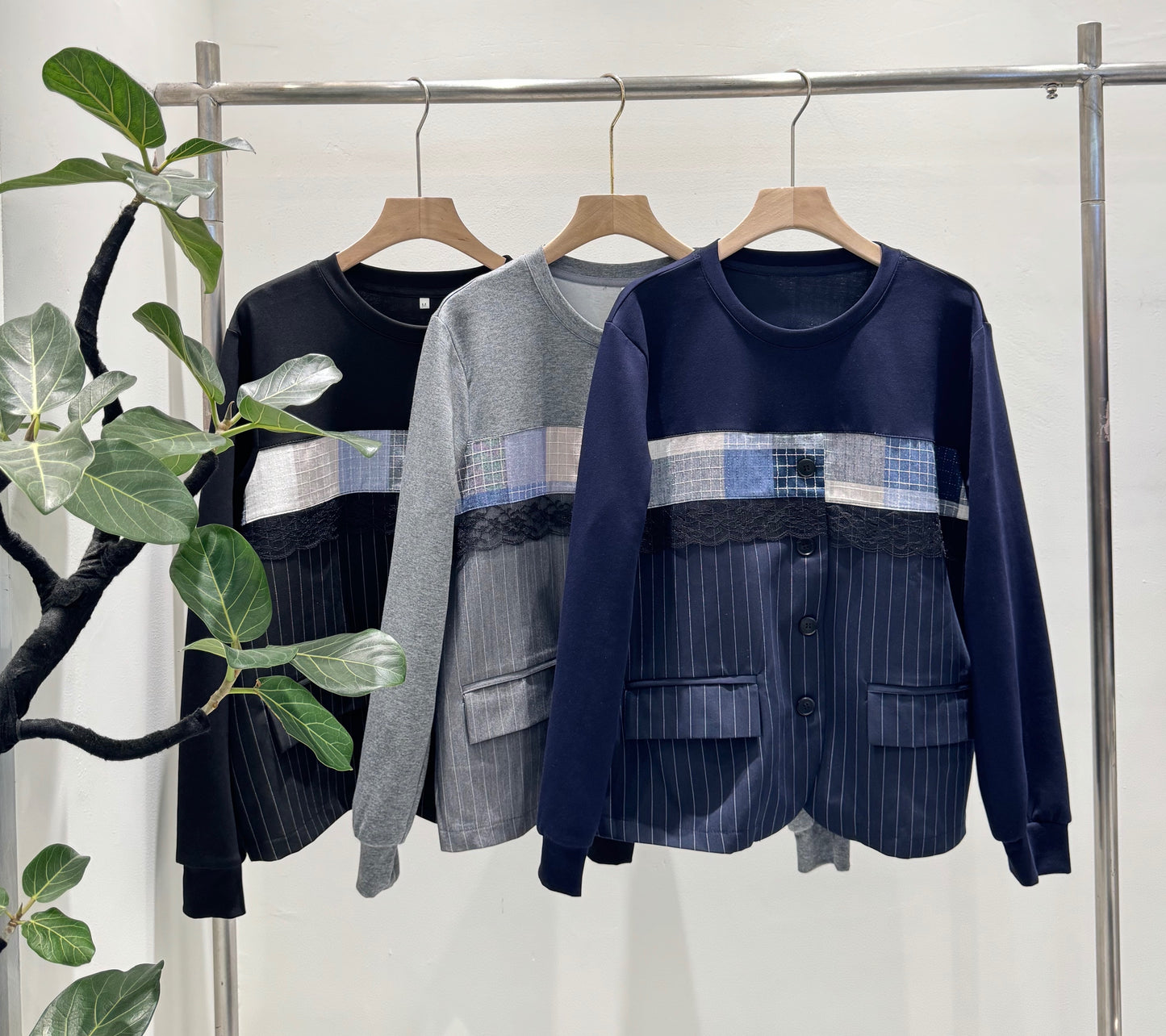 レース×ストライプ 異素材パッチワーク デザイントップス（全3色）