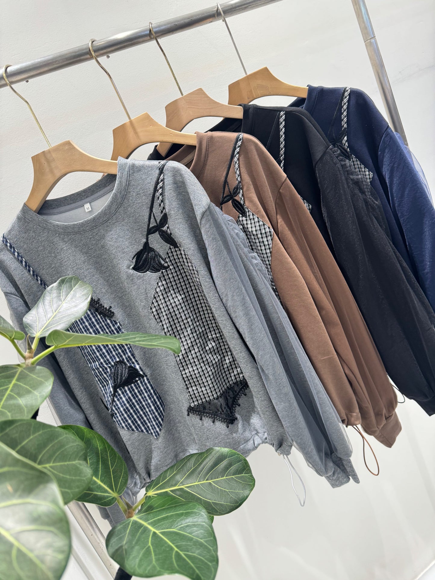 ビスチェ風ドッキング レース×チェック柄 シアースリーブトップス（全4色）