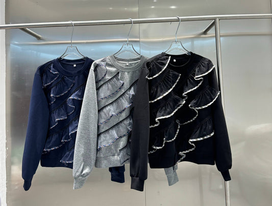 斜めシアーフリル バイカラーパイピング デザイントップス（全3色）