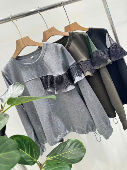 アシンメトリー シアー＆レースフリル 裾ドロストトップス（全3色）