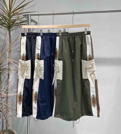 エスニック刺繍 レイヤード ラップデザイン ロングスカート / テック モード系 ワイドボトムス