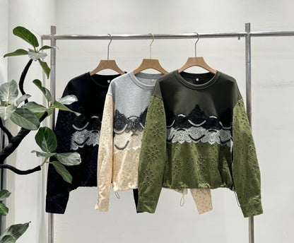 アイレット刺繍切替 波型配色レース 裾ドロストトップス（全3色）