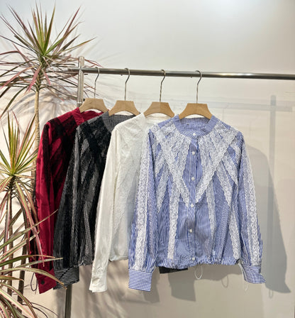 美シルエット Vラインレース切替 バンドカラー 裾ドロストトップス