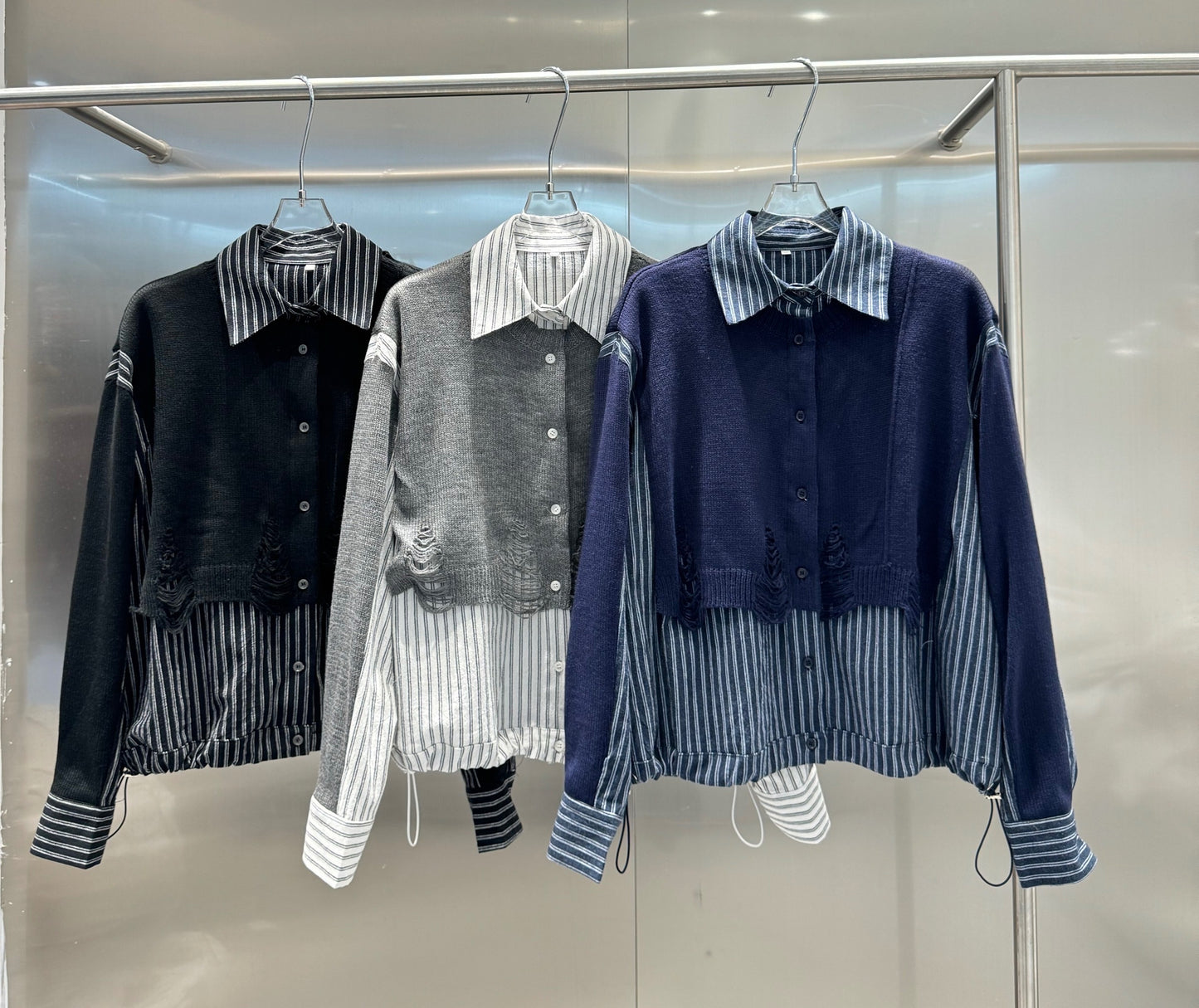 ダメージニット×ストライプシャツ 異素材ドッキング デザイントップス