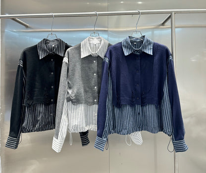 ダメージニット×ストライプシャツ 異素材ドッキング デザイントップス