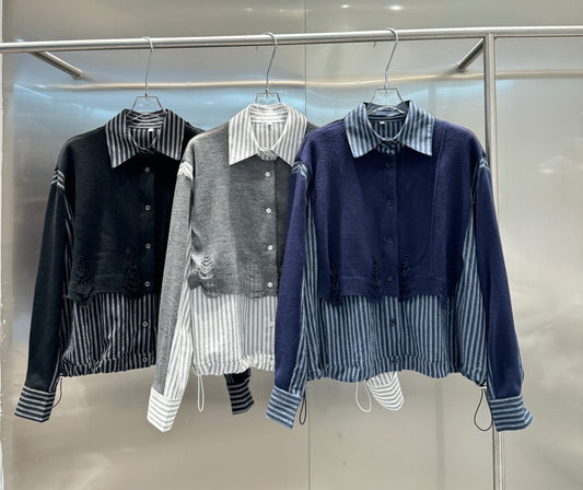 ダメージニット×ストライプシャツ 異素材ドッキング デザイントップス