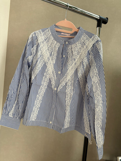 美シルエット Vラインレース切替 バンドカラー 裾ドロストトップス