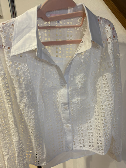 【キャミソールセット】総幾何学カットレース 異素材切替シャツブラウス