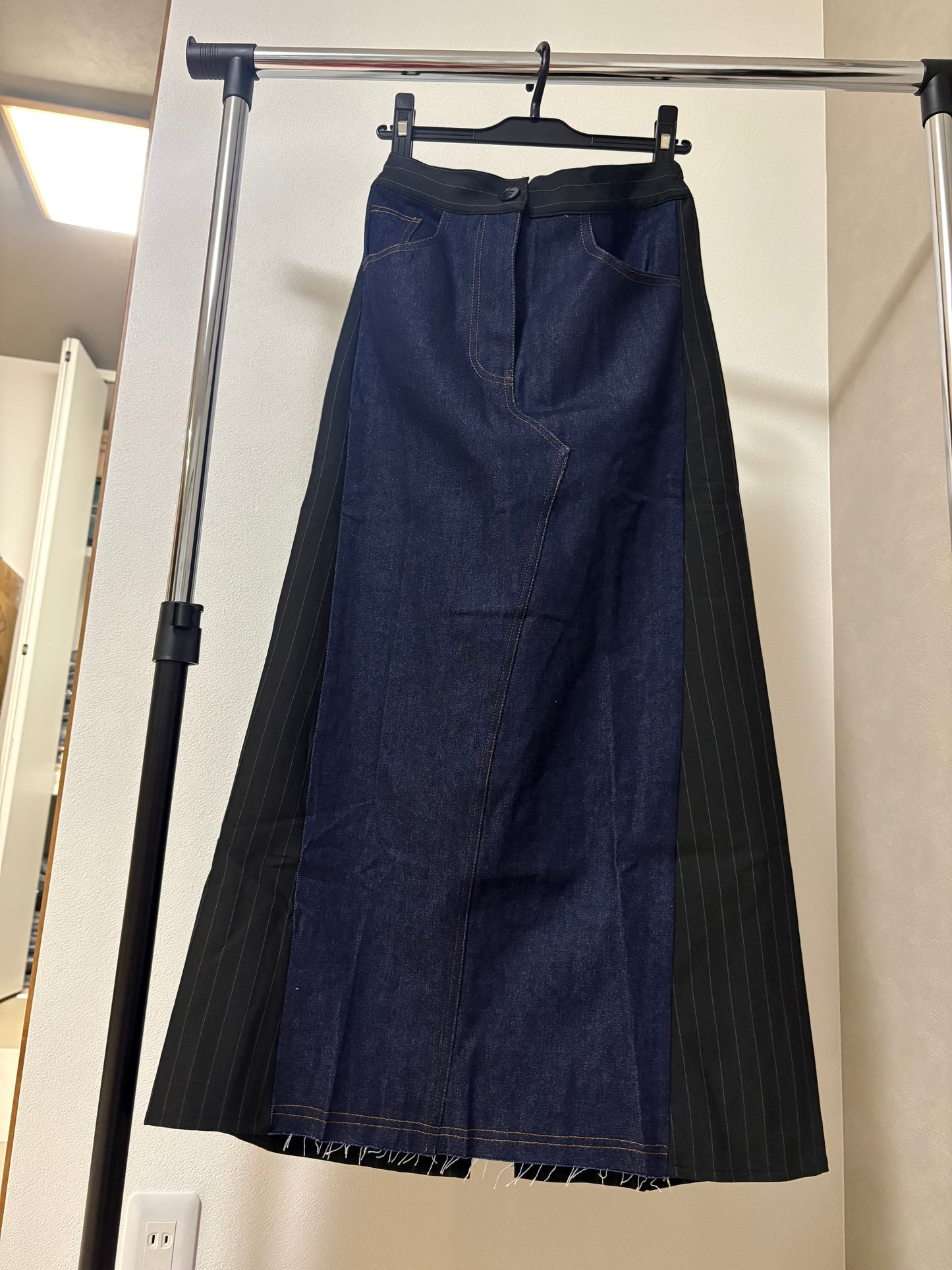 ピンストライプ切り替え 再構築デザイン デニムロングスカート