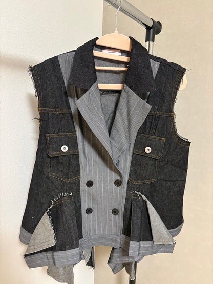 ピンストライプ切り替え 再構築 デニムベスト（アシンメトリーヘム）