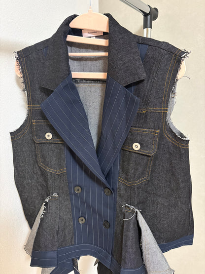 ピンストライプ切り替え 再構築 デニムベスト（アシンメトリーヘム）