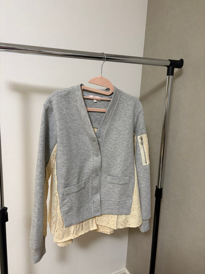 バックアイレットレース切替 袖ポケット付 スウェットカーディガン