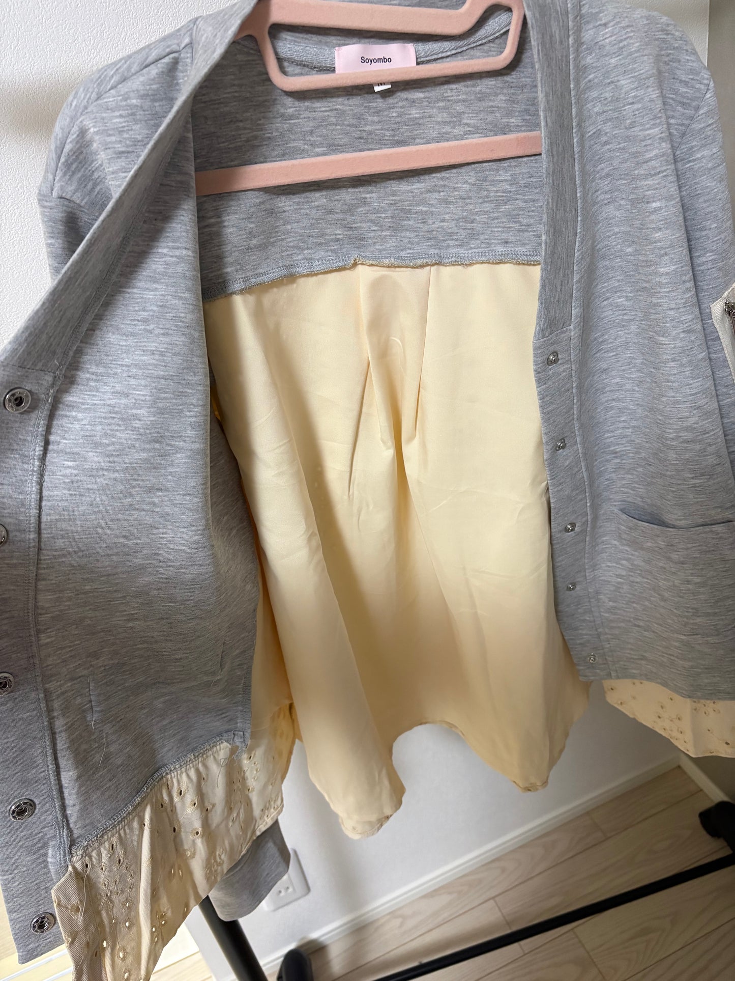 バックアイレットレース切替 袖ポケット付 スウェットカーディガン