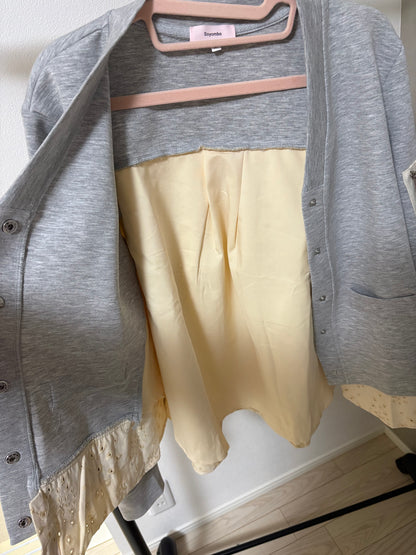 バックアイレットレース切替 袖ポケット付 スウェットカーディガン