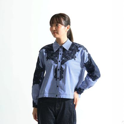 Lace-switched design shirt/striped 