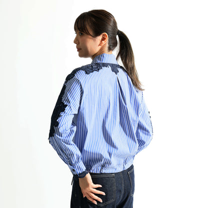 Lace-switched design shirt/striped 
