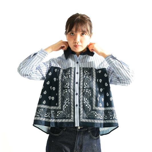 大人カジュアルを楽しむ。異素材切り替え バンダナパネル ストライプシャツ