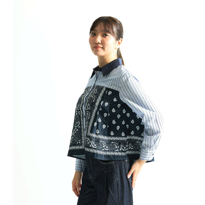 大人カジュアルを楽しむ。異素材切り替え バンダナパネル ストライプシャツ