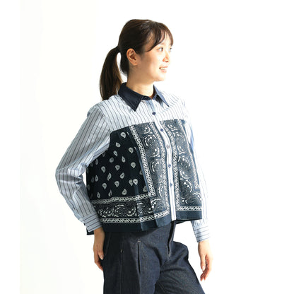 大人カジュアルを楽しむ。異素材切り替え バンダナパネル ストライプシャツ