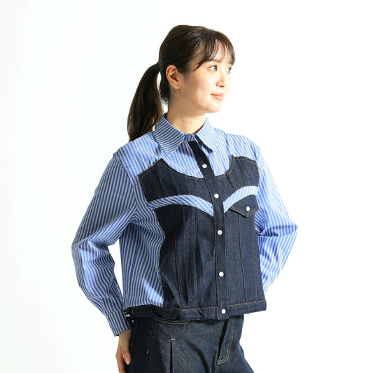 【感性を纏う】デニム×ストライプシャツ 異素材ドッキング リメイク風トップス