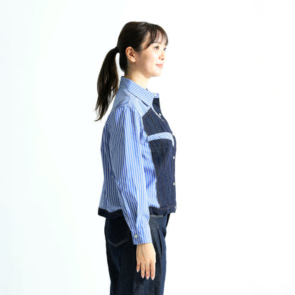 [Wearing Sensibility] Denim x Striped Shirt, Mixed Material Docking, Remade Style Top
