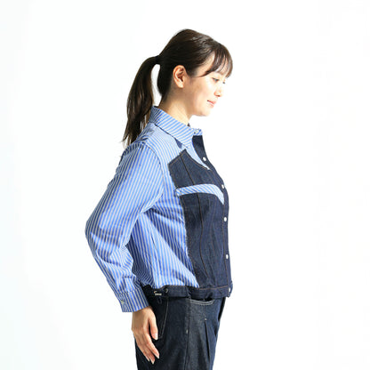 [Wearing Sensibility] Denim x Striped Shirt, Mixed Material Docking, Remade Style Top