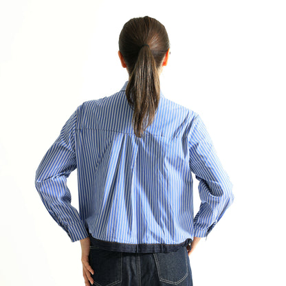[Wearing Sensibility] Denim x Striped Shirt, Mixed Material Docking, Remade Style Top
