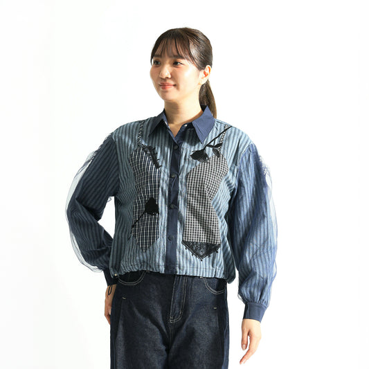 大人の遊び心を纏う。チェック切替×チュールスリーブ ストライプシャツ