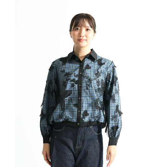 【幻想的な美しさ】バタフライ刺繍×チュール重ね チェック柄デザインシャツ