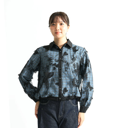 【幻想的な美しさ】バタフライ刺繍×チュール重ね チェック柄デザインシャツ