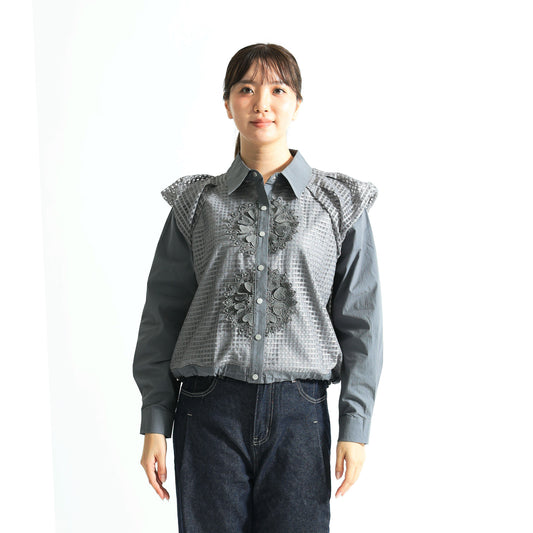 立体レース＆ショルダーフリル 異素材切替 シアーシャツ