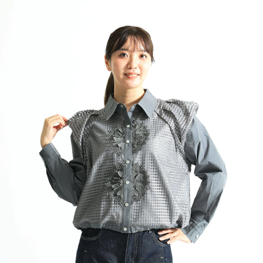 立体レース＆ショルダーフリル 異素材切替 シアーシャツ