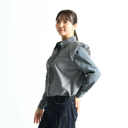 立体レース＆ショルダーフリル 異素材切替 シアーシャツ