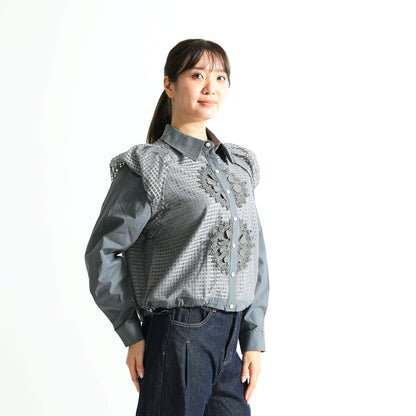 立体レース＆ショルダーフリル 異素材切替 シアーシャツ