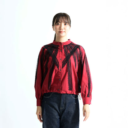 美シルエット Vラインレース切替 バンドカラー 裾ドロストトップス