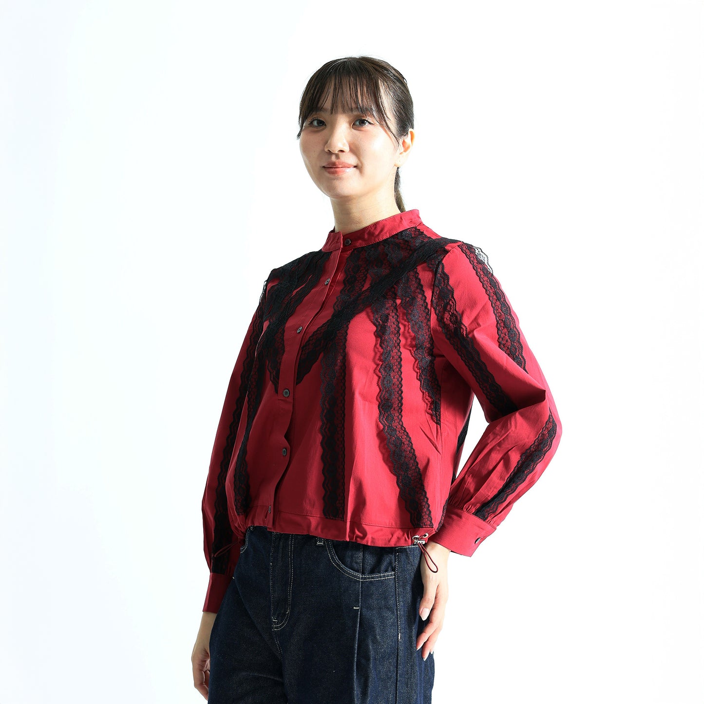 美シルエット Vラインレース切替 バンドカラー 裾ドロストトップス