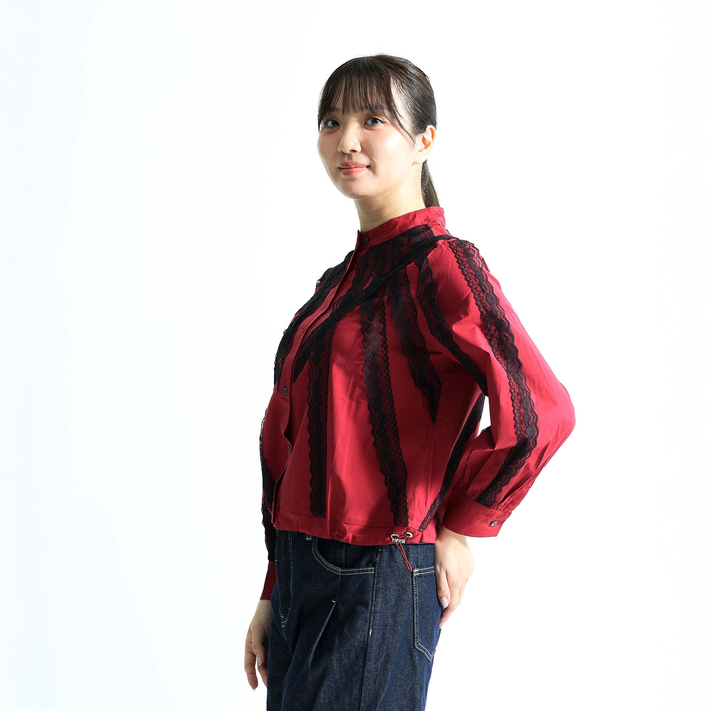 美シルエット Vラインレース切替 バンドカラー 裾ドロストトップス