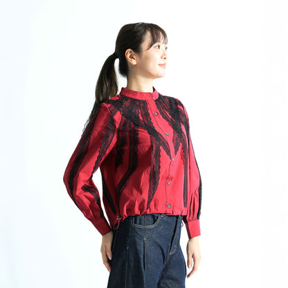 美シルエット Vラインレース切替 バンドカラー 裾ドロストトップス