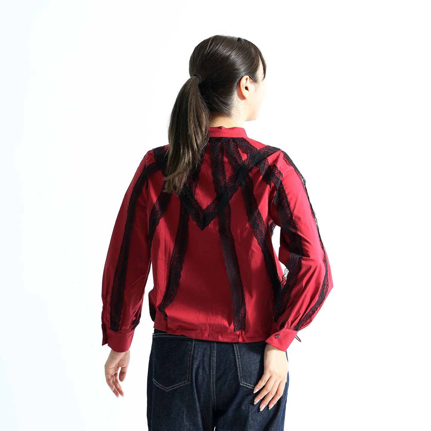 美シルエット Vラインレース切替 バンドカラー 裾ドロストトップス