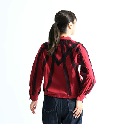 美シルエット Vラインレース切替 バンドカラー 裾ドロストトップス