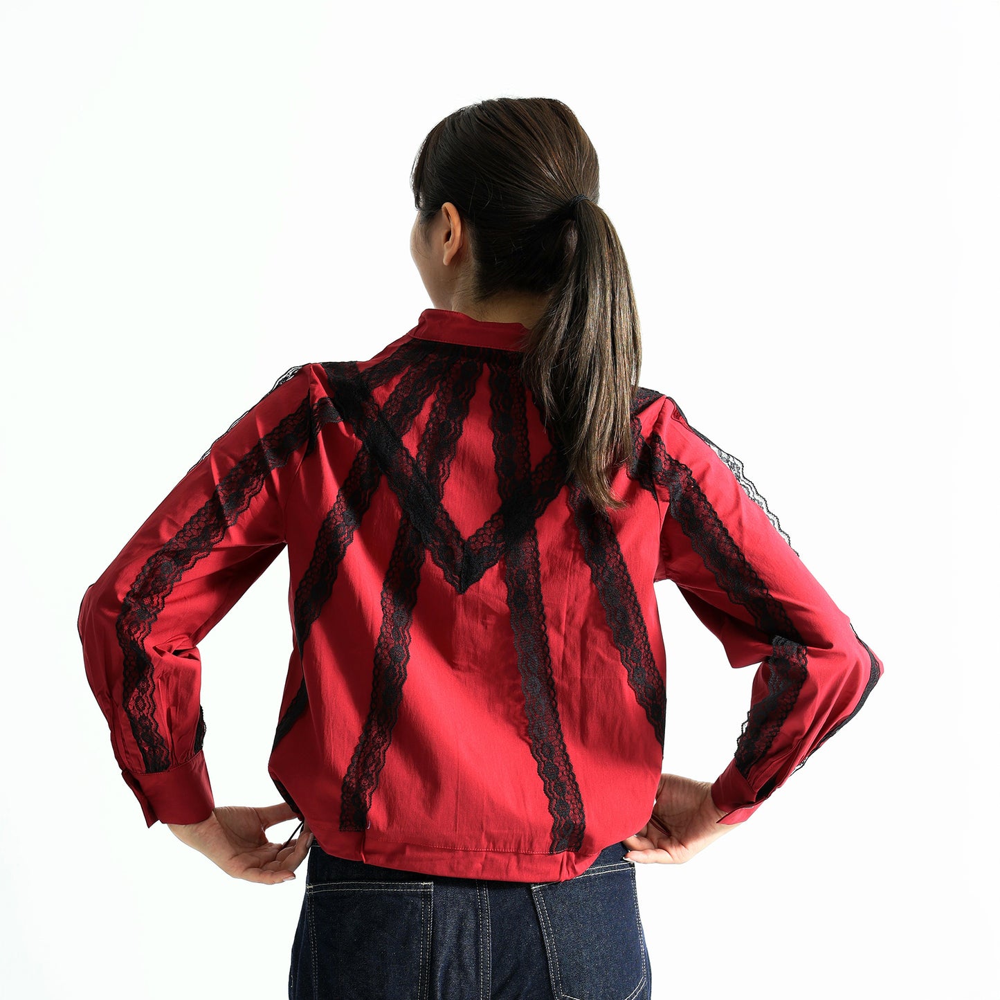 美シルエット Vラインレース切替 バンドカラー 裾ドロストトップス