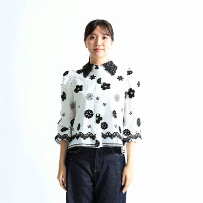 立体フラワー刺繍レースカラー ブラウス