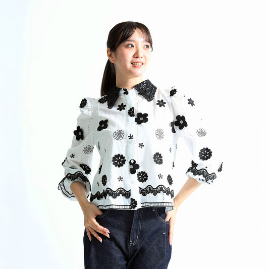 立体フラワー刺繍レースカラー ブラウス