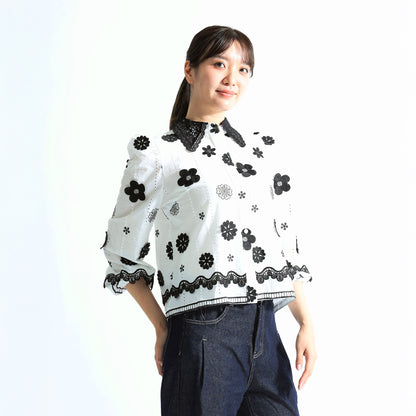 立体フラワー刺繍レースカラー ブラウス
