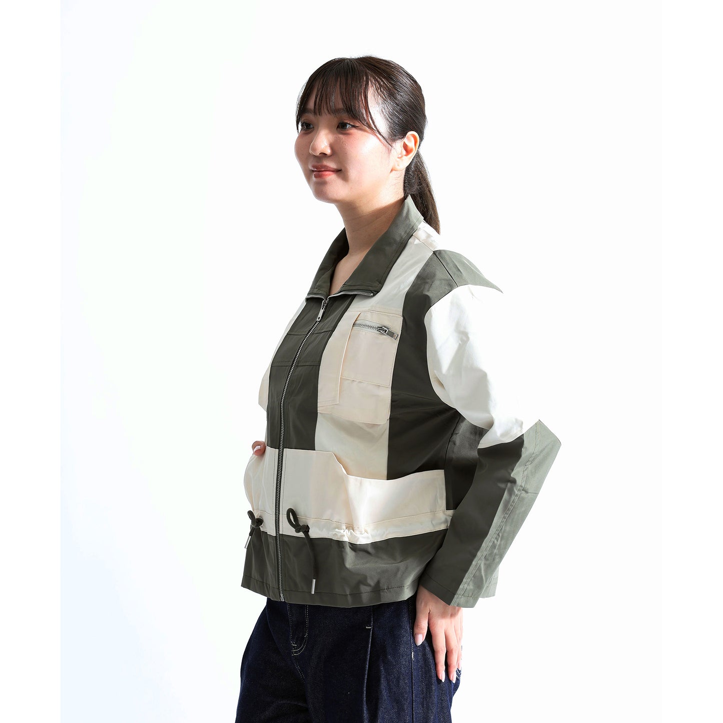 バックギャザー カラーブロック トラックジャケット