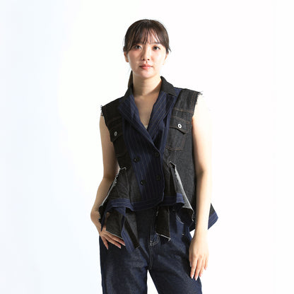 ピンストライプ切り替え 再構築 デニムベスト（アシンメトリーヘム）